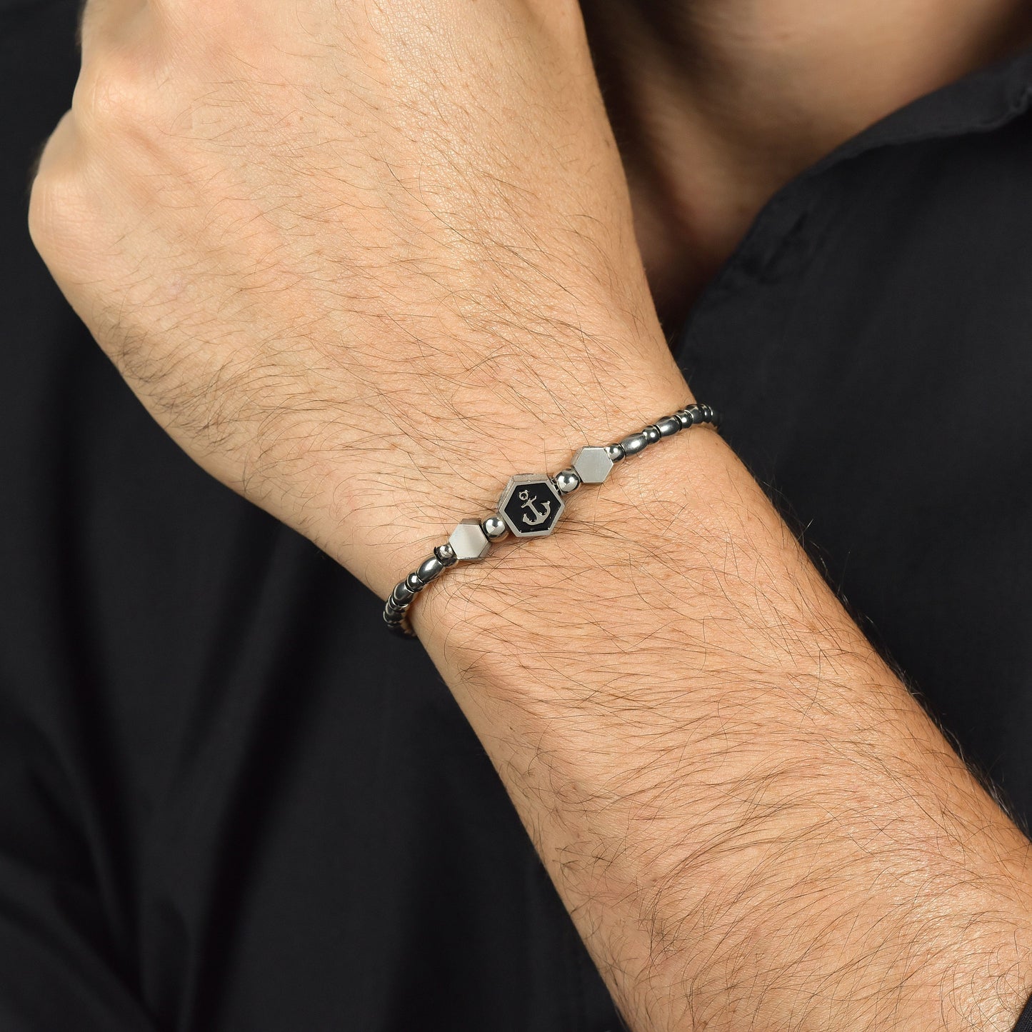 MEN'S STEEL ELEMENT BRACELET WITH SILVER ANCHOR AND BLACK ENAMEL