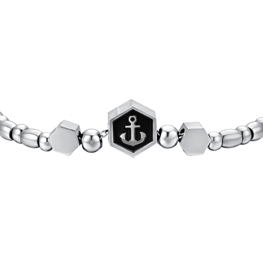 MEN'S STEEL ELEMENT BRACELET WITH SILVER ANCHOR AND BLACK ENAMEL