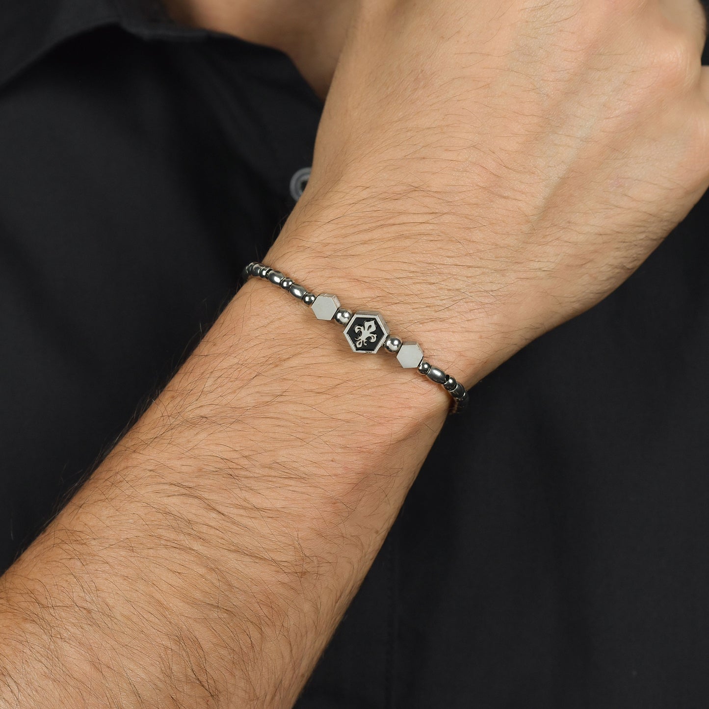 MEN'S STEEL ELEMENT BRACELET WITH SILVER GIGLIO AND BLACK ENAMEL Luca Barra