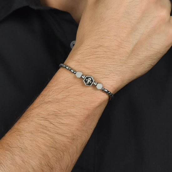 MEN'S STEEL ELEMENT BRACELET WITH SILVER LILY AND BLACK ENAMEL