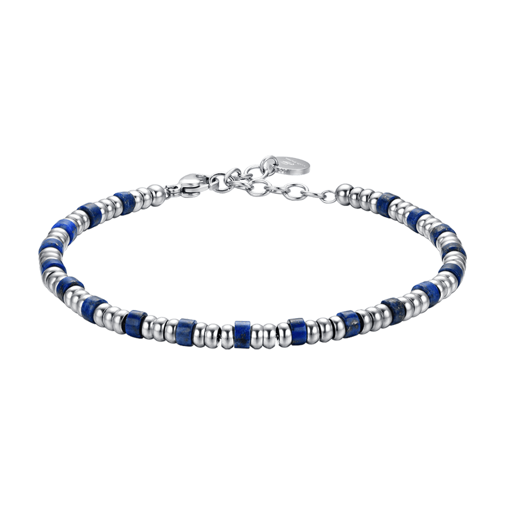 STEEL MEN'S BRACELET WITH SILVER ELEMENTS AND BLUE STONES