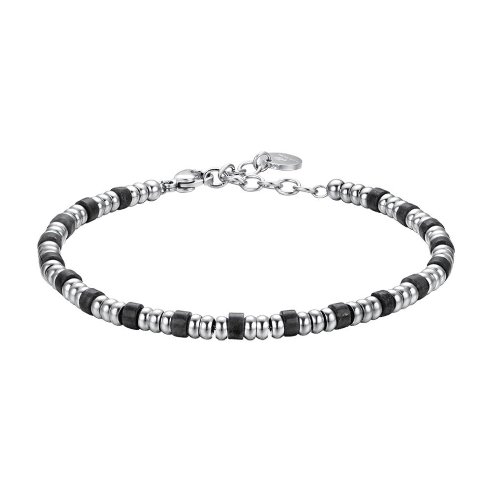 STEEL MEN'S BRACELET WITH SILVER ELEMENTS AND BLACK STONES