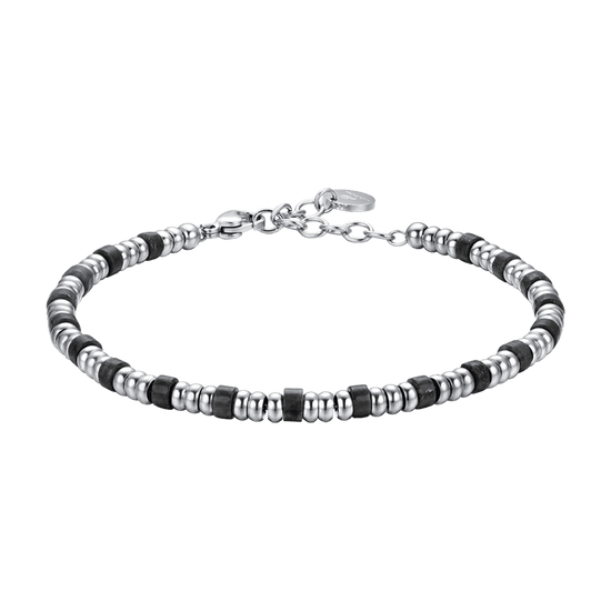 STEEL MEN'S BRACELET WITH SILVER ELEMENTS AND BLACK STONES