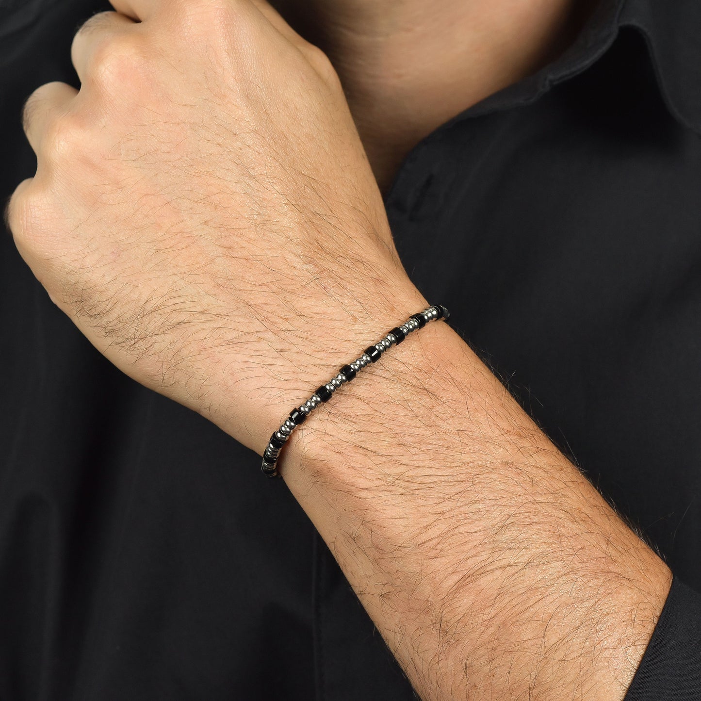 STEEL MEN'S BRACELET WITH SILVER ELEMENTS AND BLACK STONES