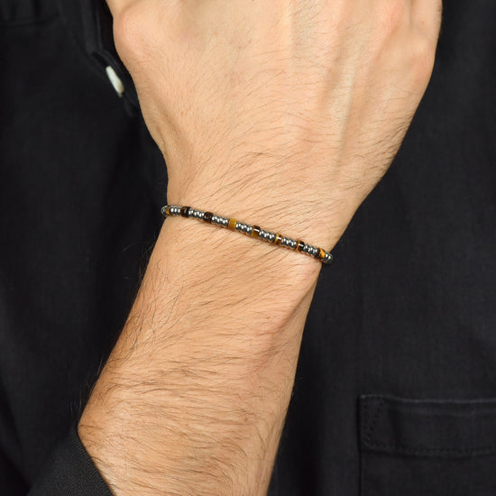 STEEL MEN'S BRACELET WITH SILVER ELEMENTS AND TIGER EYE STONES