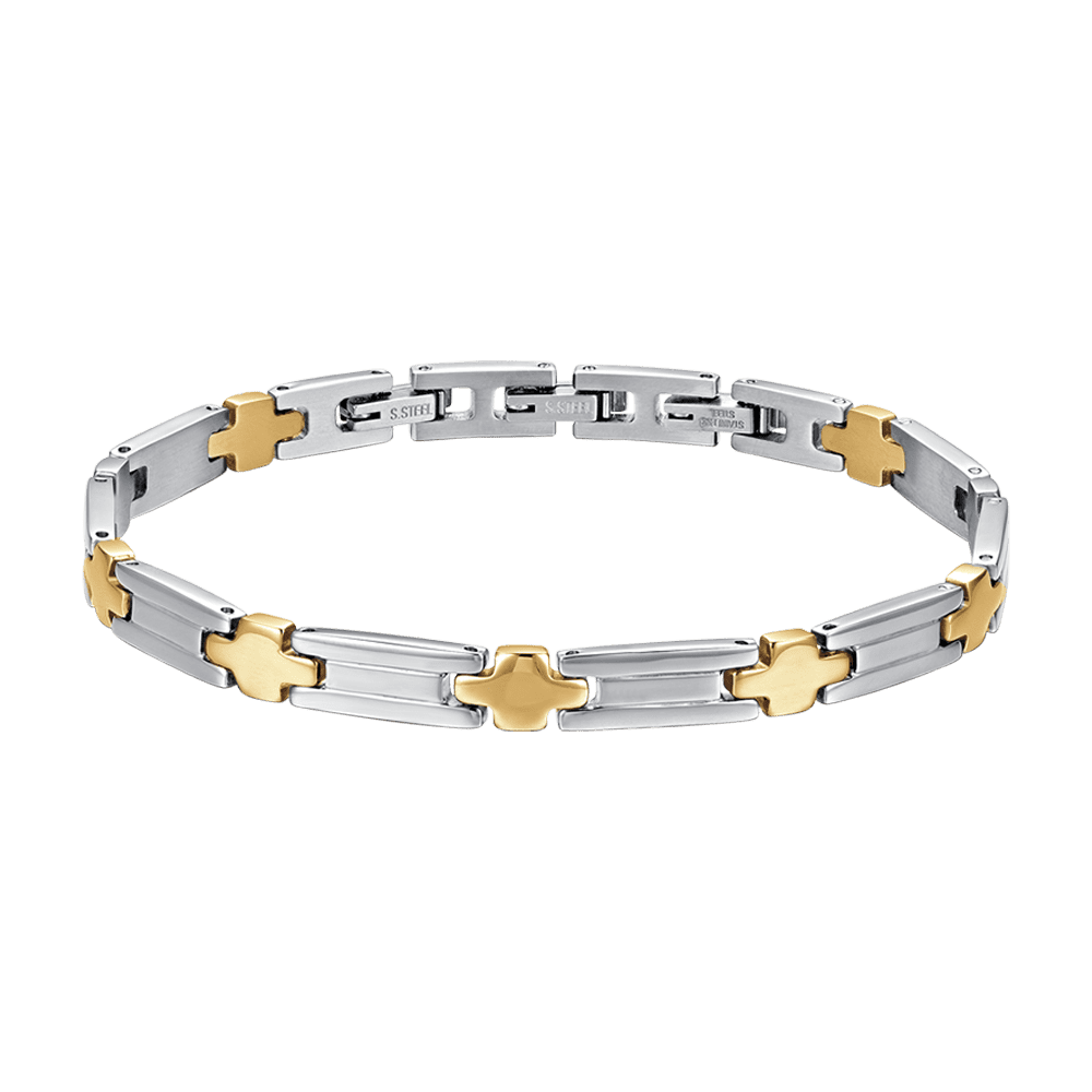 STEEL MEN'S BRACELET WITH IP GOLD CROSSES