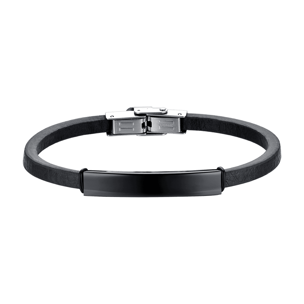 MEN'S LEATHER BRACELET WITH STEEL PLATE IP BLACK