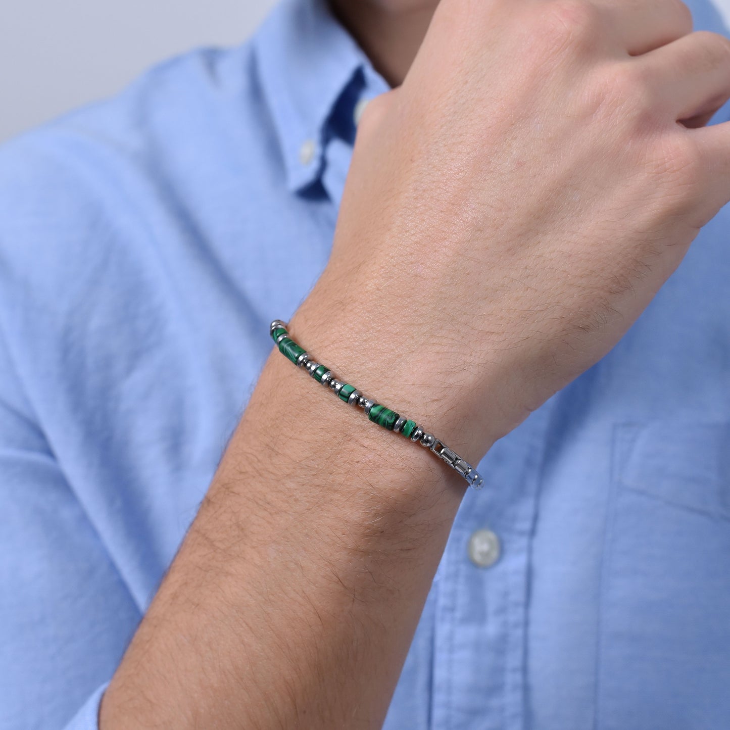 GREEN MALACHITE STEEL MEN'S BRACELET