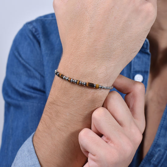 STEEL TIGER EYE STONE MEN'S BRACELET