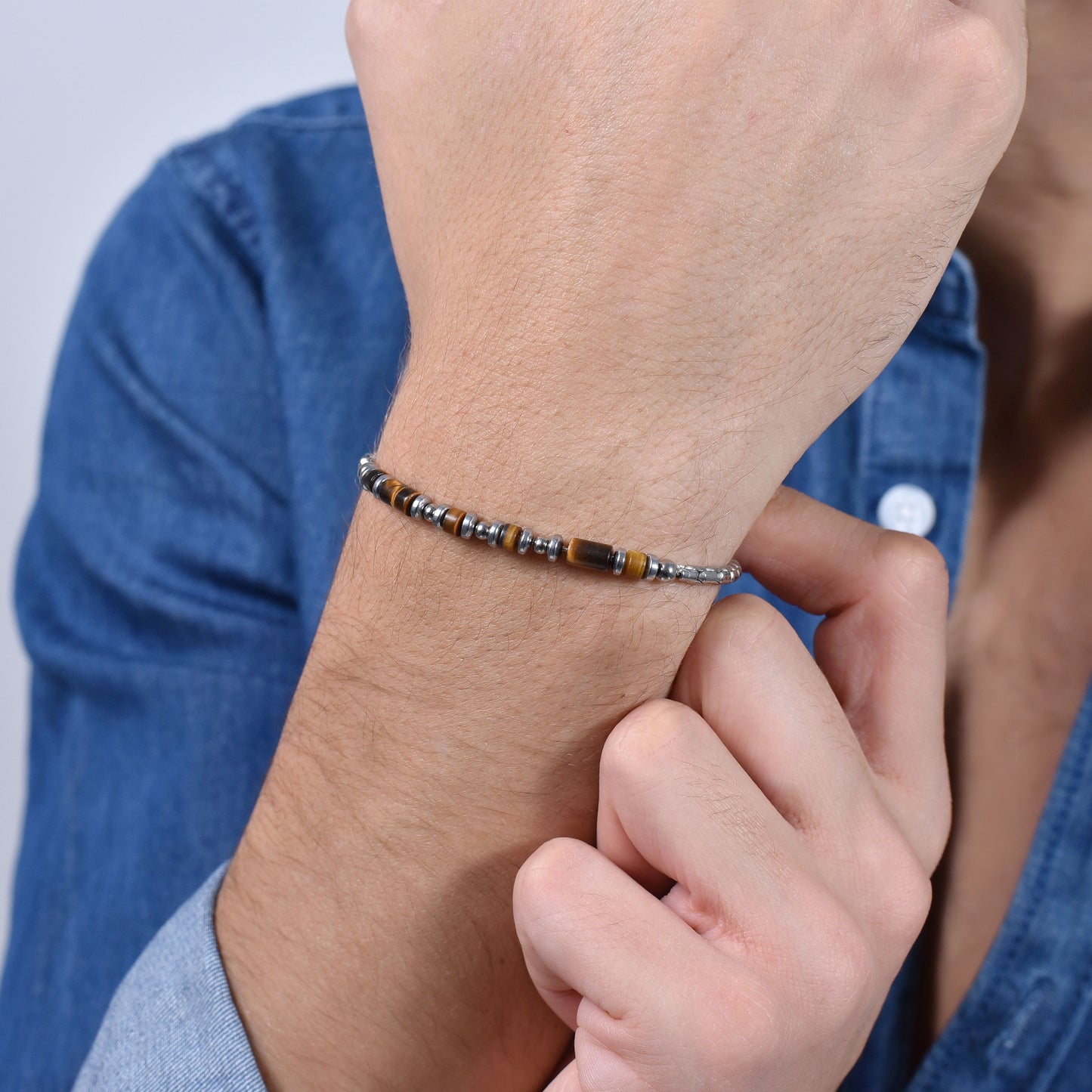 STEEL TIGER EYE STONE MEN'S BRACELET