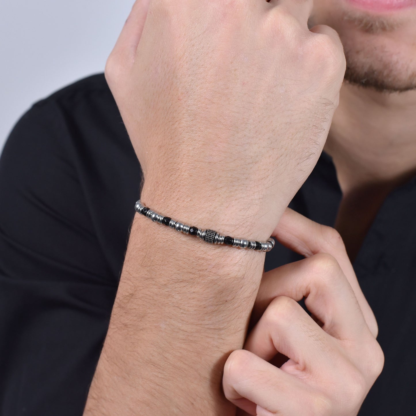 BLACK AGATE STEEL MEN'S BRACELET AND ELEMENTS