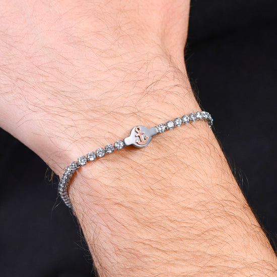 WHITE CUBIC ZIRCONIA STEEL MEN'S TENNIS BRACELET