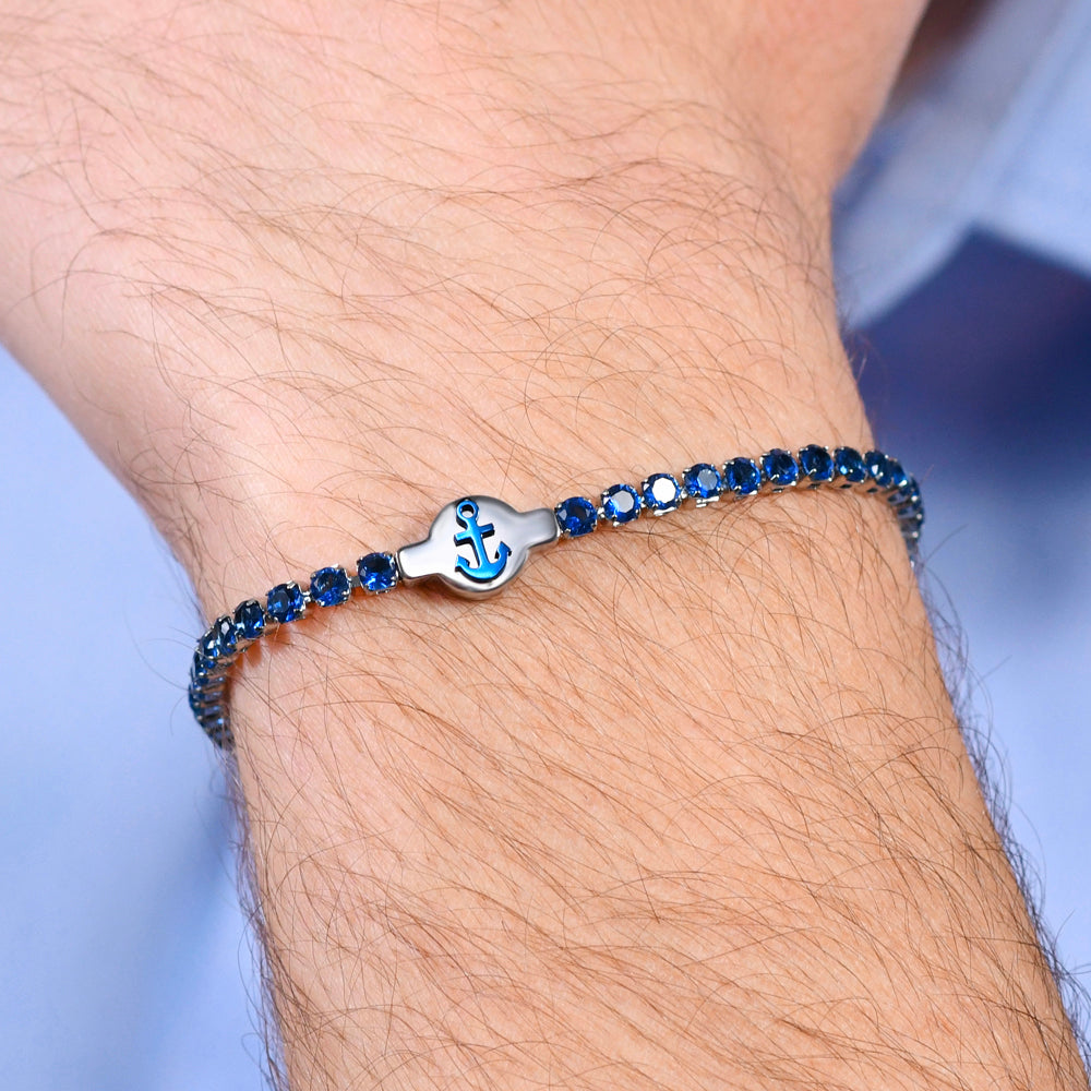 BLUE CUBIC ZIRCONIA STEEL MEN'S TENNIS BRACELET