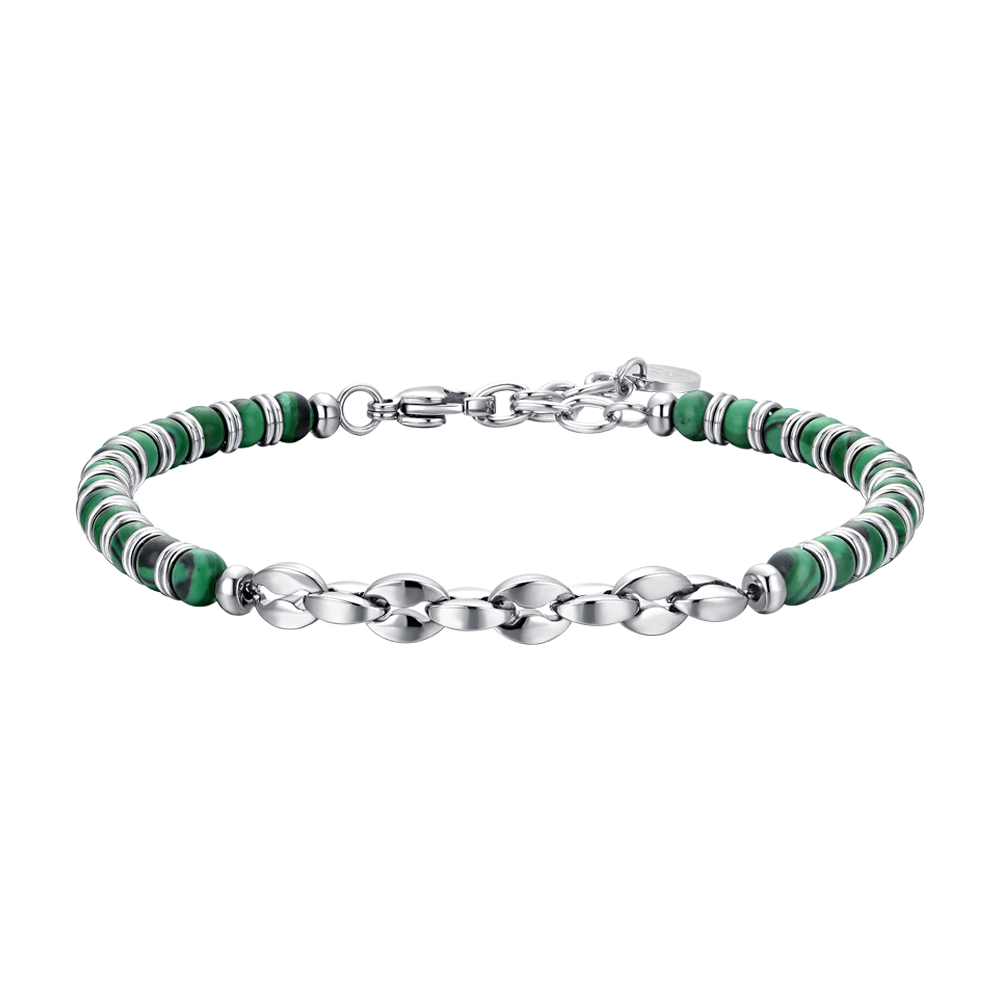 MEN'S STEEL BRACELET GREEN STONES AND STEEL ELEMENTS