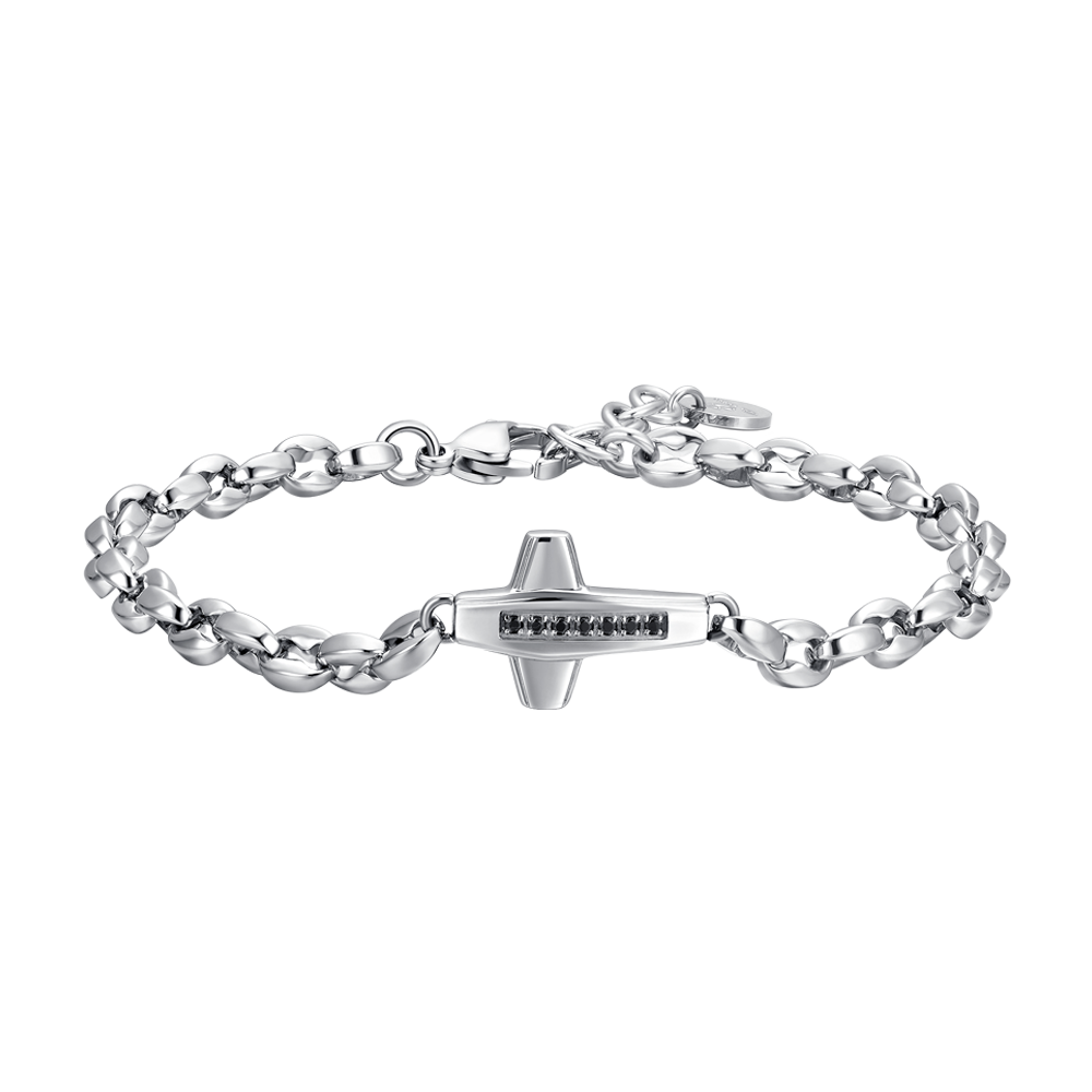 STEEL MEN'S CROSS AND BLACK CUBIC ZIRCONIA BRACELET