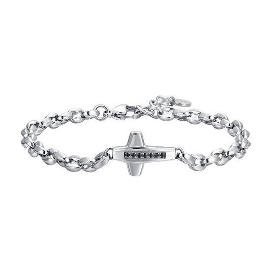 STEEL MEN'S CROSS AND BLACK CUBIC ZIRCONIA BRACELET