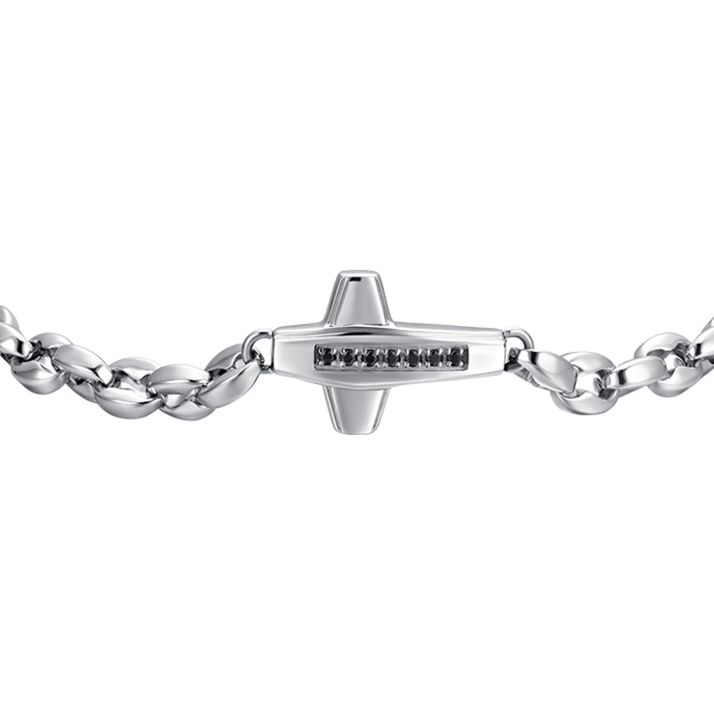 STEEL MEN'S CROSS AND BLACK CUBIC ZIRCONIA BRACELET