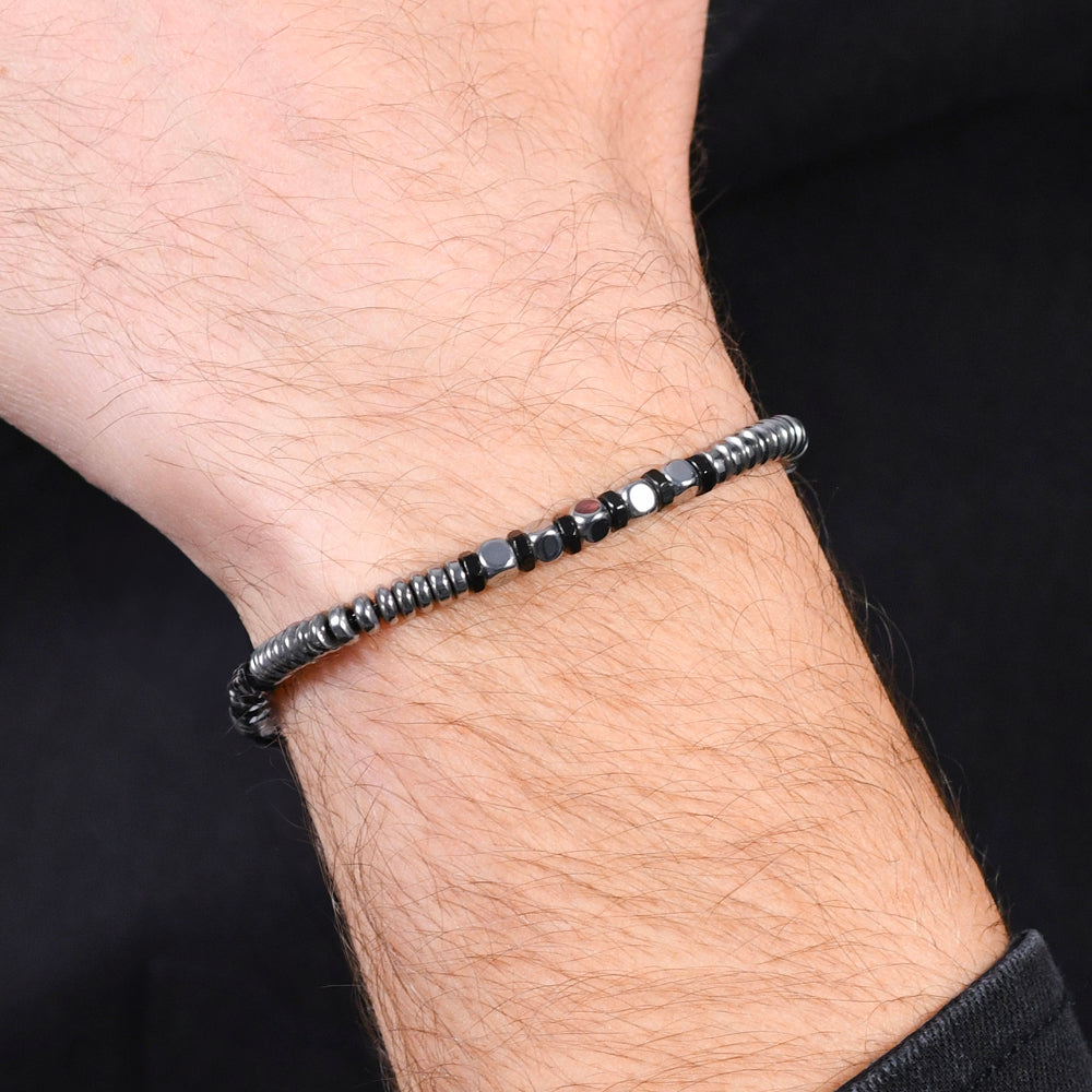 SILVER AND BLACK HEMATITE STEEL MEN'S BRACELET