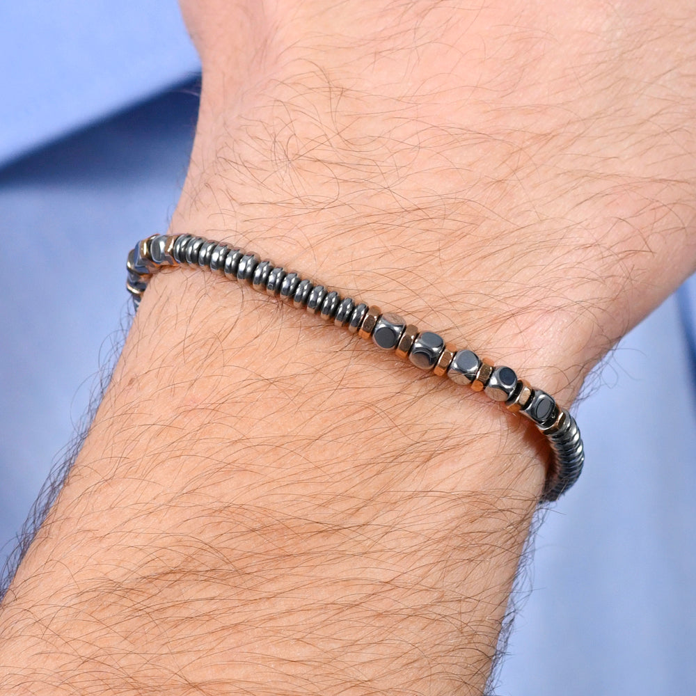 HEMATITE SILVER AND ROSE GOLD STEEL MEN'S BRACELET