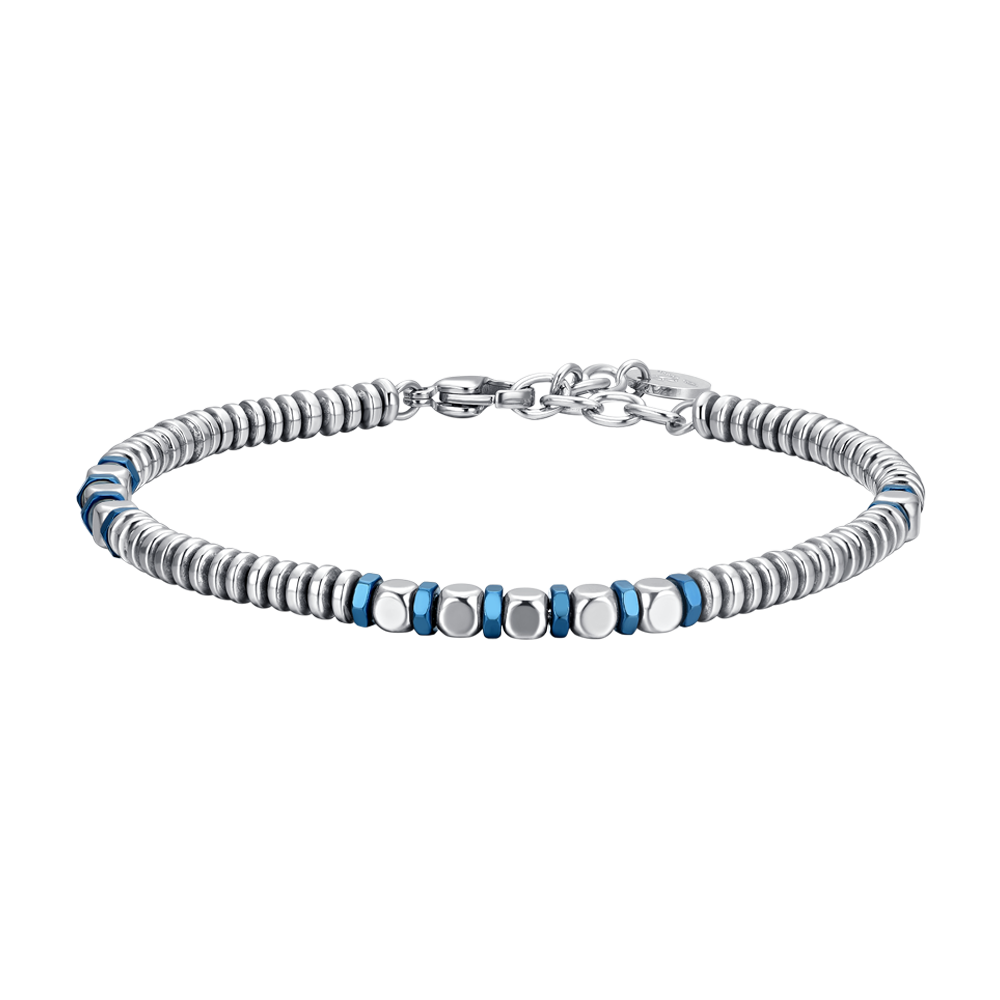 SILVER AND BLUE HEMATITE STEEL MEN'S BRACELET