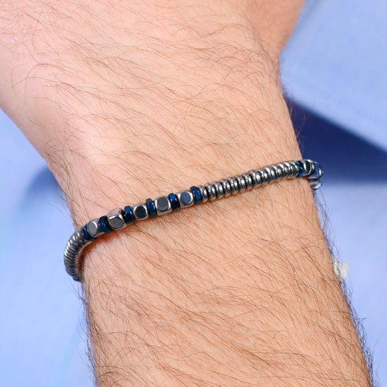 SILVER AND BLUE HEMATITE STEEL MEN'S BRACELET