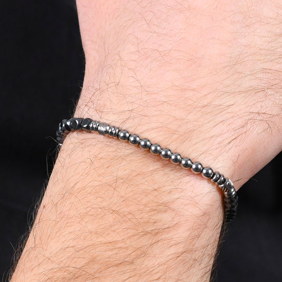 SILVER AND BLACK HEMATITE STEEL MEN'S BRACELET