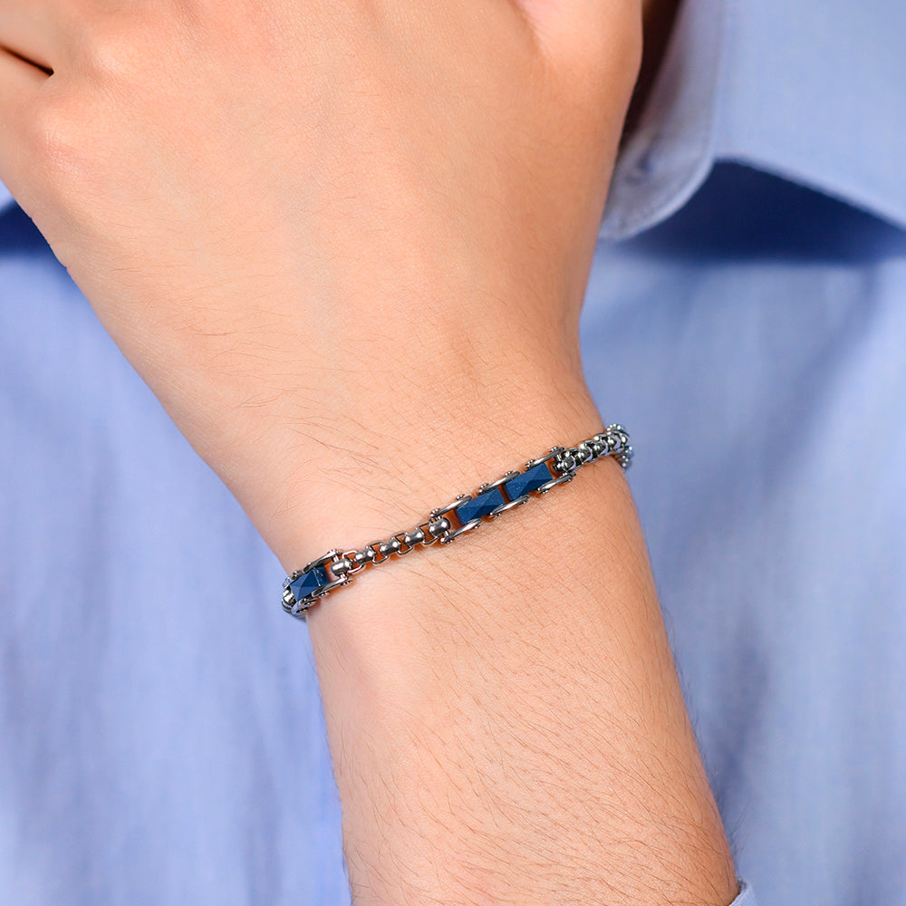 STEEL MEN'S BRACELET AND BLUE CERAMIC ELEMENTS