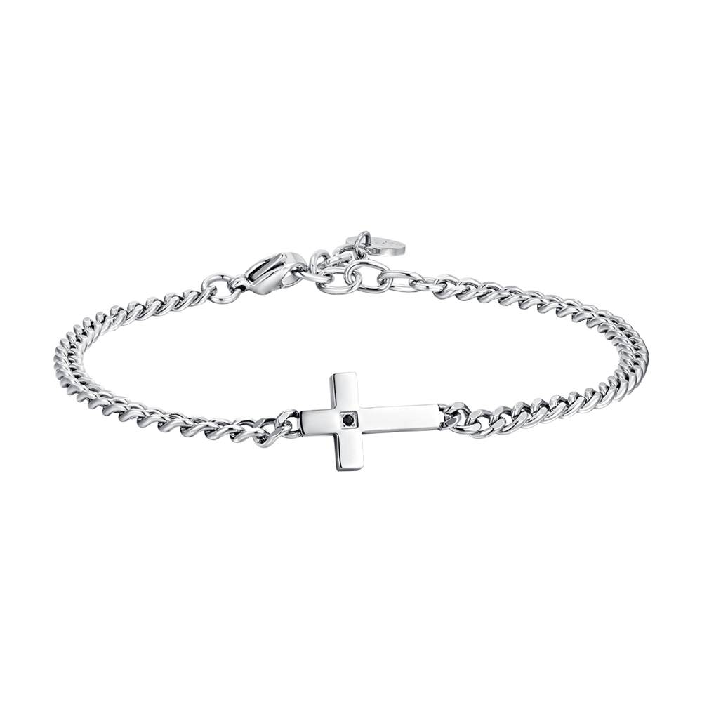 STEEL MEN'S CROSS AND BLACK ZIRCON BRACELET