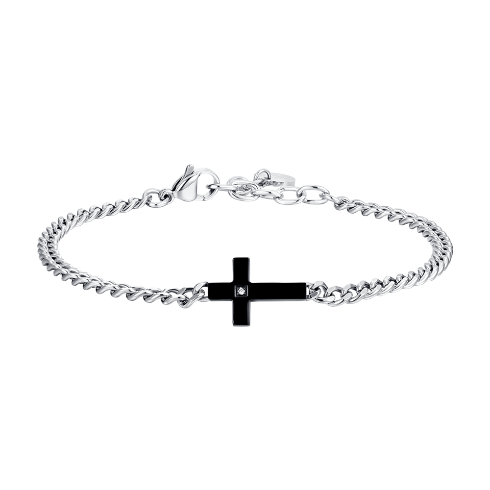 IP BLACK CROSS STEEL AND WHITE ZIRCON MEN'S BRACELET