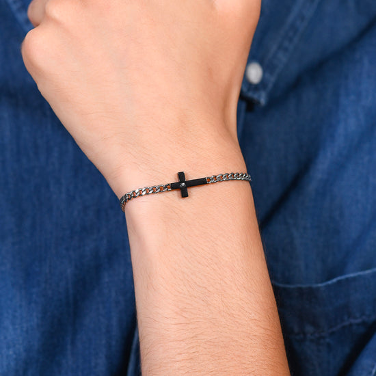 IP BLACK CROSS STEEL AND WHITE ZIRCON MEN'S BRACELET