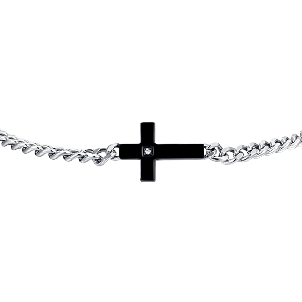 MEN'S BRACELET IN IP BLACK CROSS STEEL AND WHITE ZIRCON Luca Barra