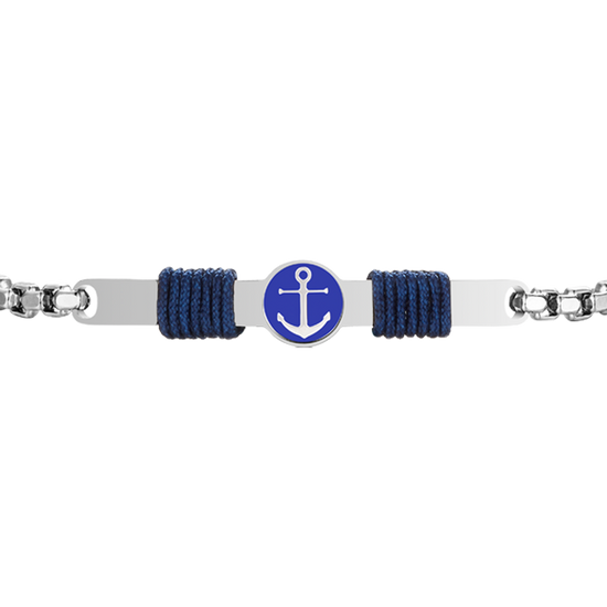 BRACCIALE IN ACCIAIO, PIASTRA CON SMALTO BLU E  ANCORA E CORDA BLU