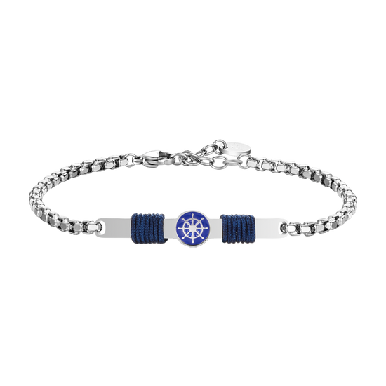 BRACCIALE IN ACCIAIO, PIASTRA CON SMALTO BLU E TIMONE E CORDA BLU