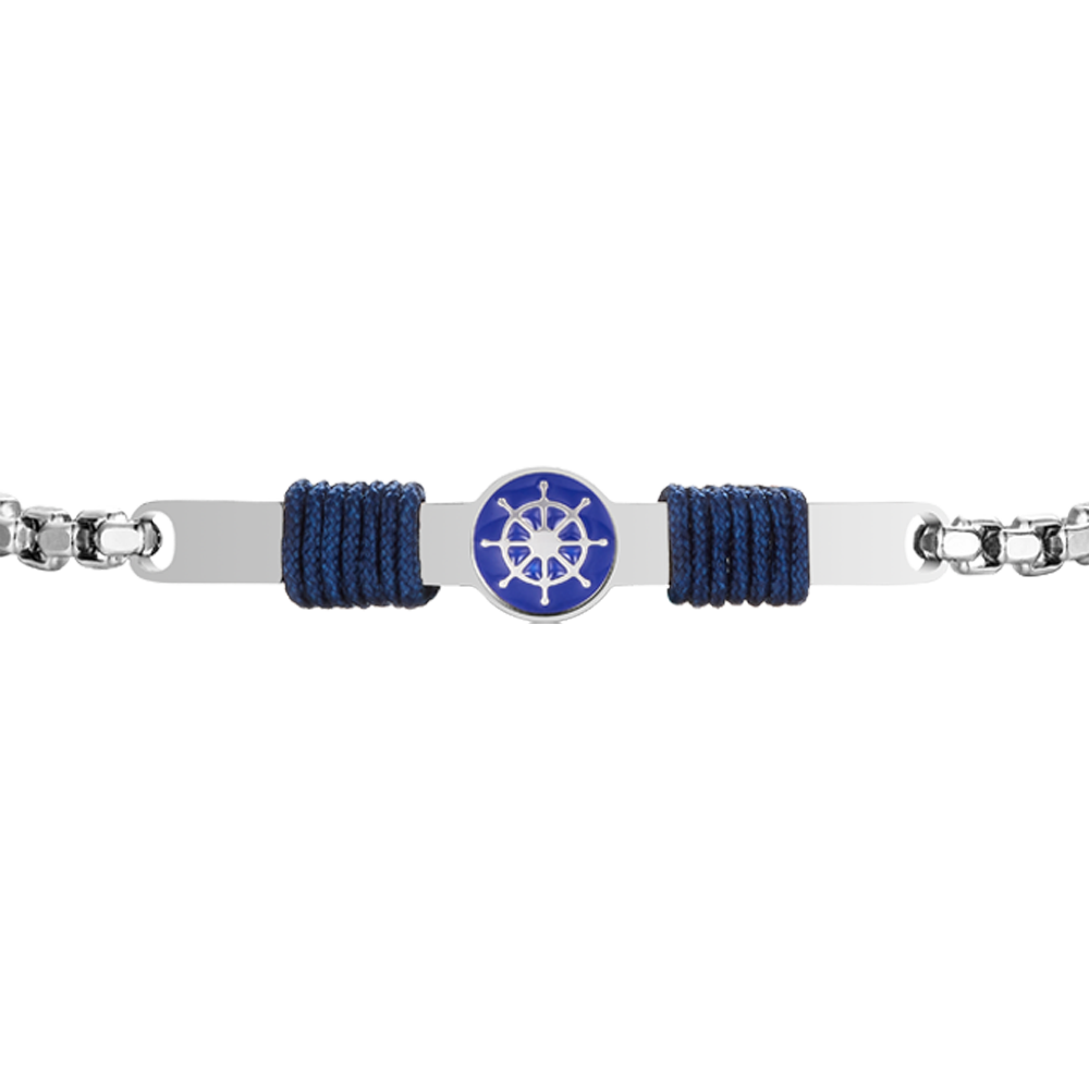 BRACCIALE IN ACCIAIO, PIASTRA CON SMALTO BLU E TIMONE E CORDA BLU