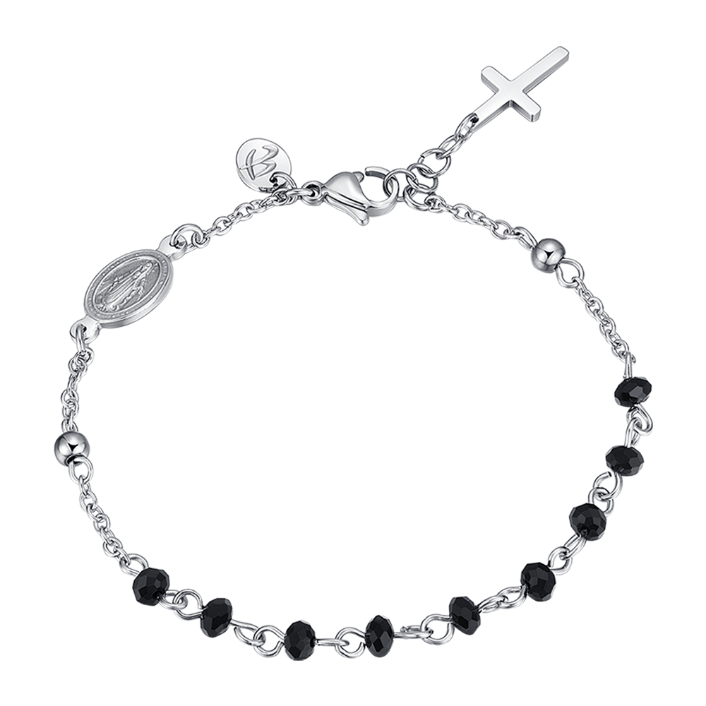 MEN'S STEEL BRACELET WITH ROSARY, CROSS PENDING AND BLACK CRYSTALS Luca Barra