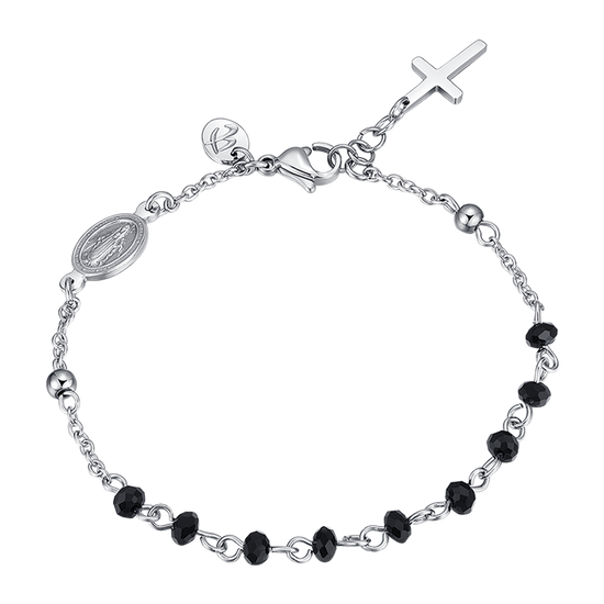 STEEL MEN'S BRACELET WITH ROSARY, CROSS PENDANT AND BLACK CRYSTALS