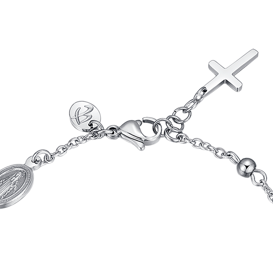 STEEL MEN'S BRACELET WITH ROSARY, CROSS PENDANT AND BLACK CRYSTALS