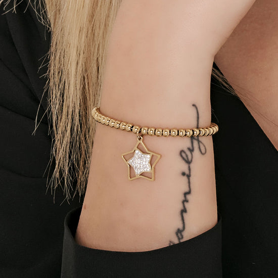 WOMEN'S IP GOLD STEEL BRACELET WITH STAR WITH WHITE CRYSTALS