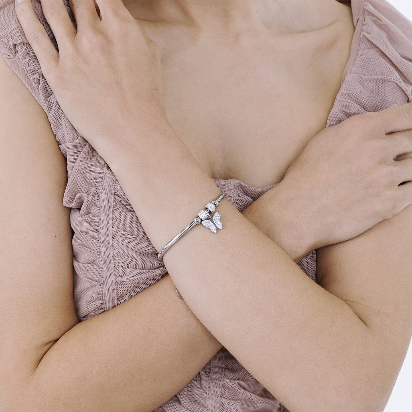 WOMEN'S STEEL BRACELET WITH BUTTERFLY AND WHITE CRYSTALS