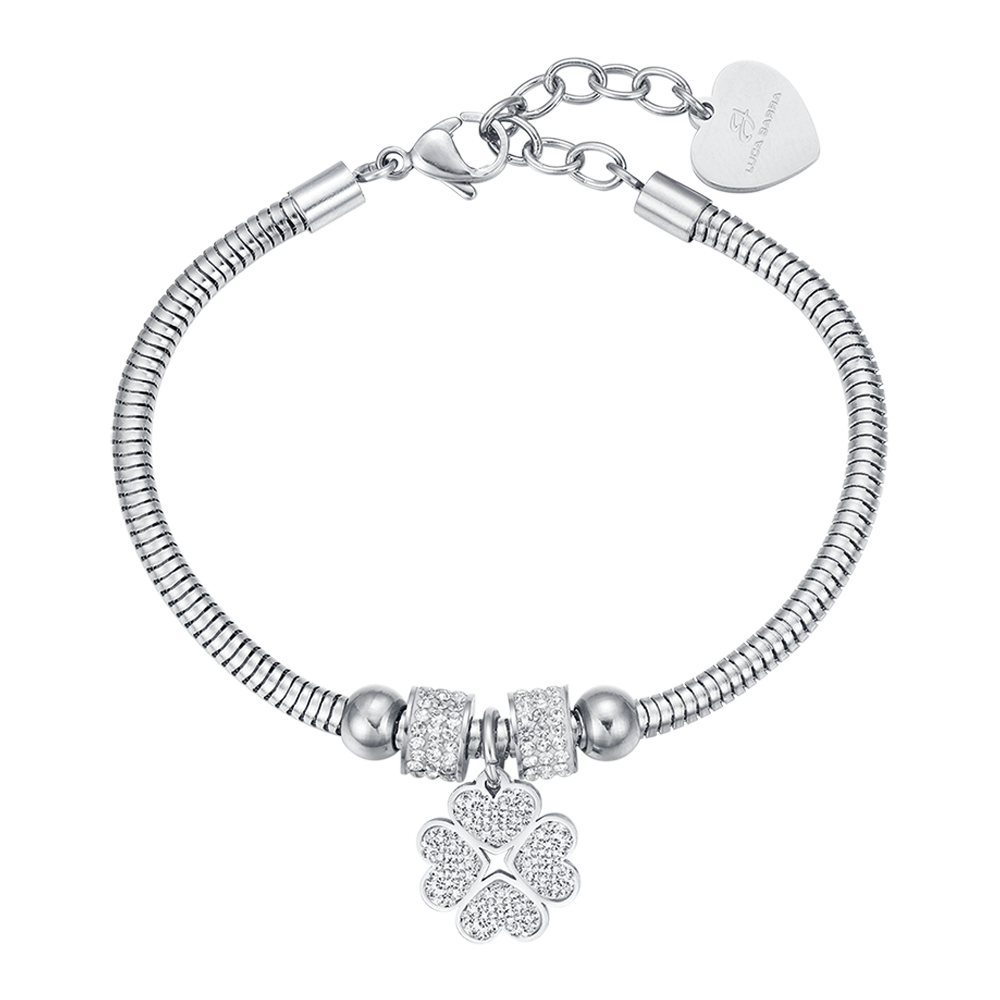 WOMEN'S STEEL BRACELET WITH FOUR-LEAF CLOVER AND WHITE CRYSTALS