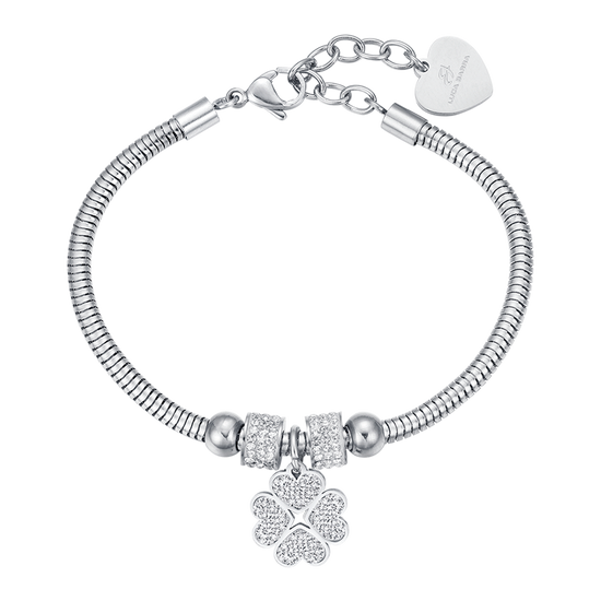 WOMEN'S STEEL BRACELET WITH FOUR-LEAF CLOVER AND WHITE CRYSTALS