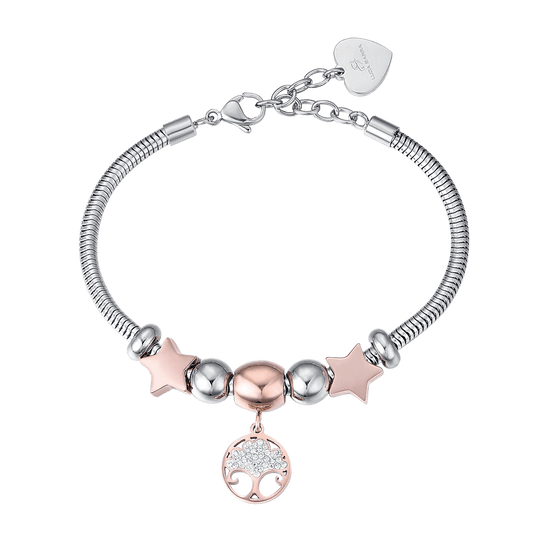 WOMEN STEEL BRACELET WITH TREE OF LIFE IP ROSES AND WHITE CRYSTALS AND S