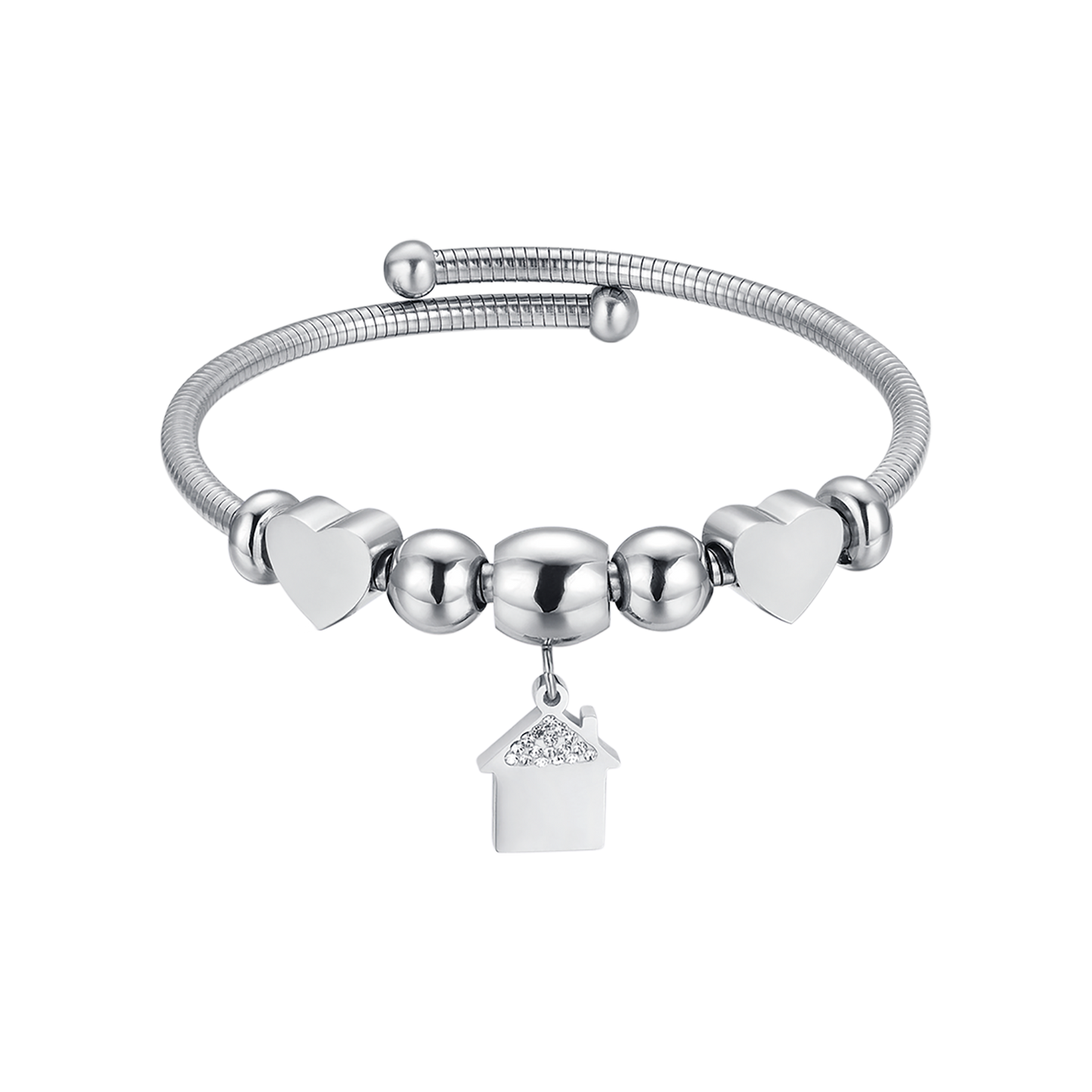 STEEL BRACELET WITH HOUSE WITH WHITE CRYSTALS AND STEEL HEARTS Luca Barra