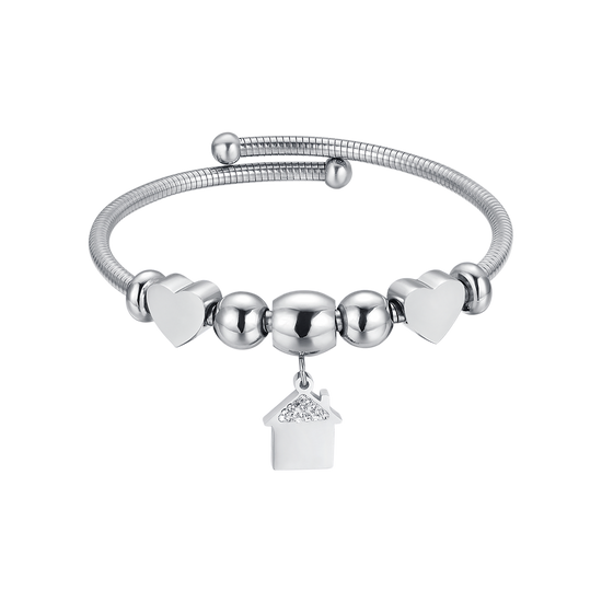 STEEL BRACELET WITH HOUSE WITH WHITE CRYSTALS AND STEEL HEARTS