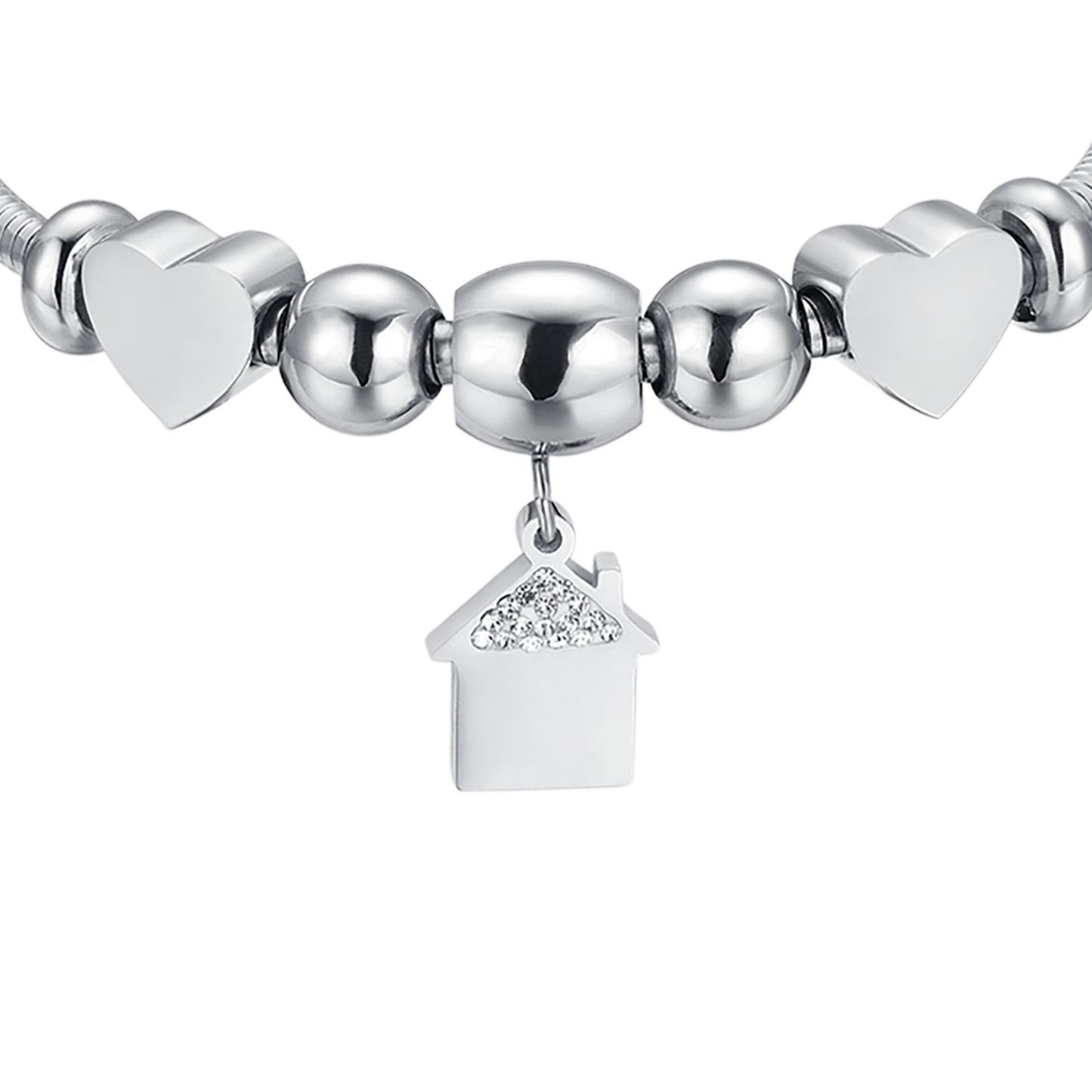 STEEL BRACELET WITH HOUSE WITH WHITE CRYSTALS AND STEEL HEARTS