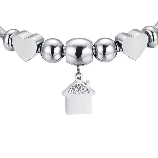 STEEL BRACELET WITH HOUSE WITH WHITE CRYSTALS AND STEEL HEARTS