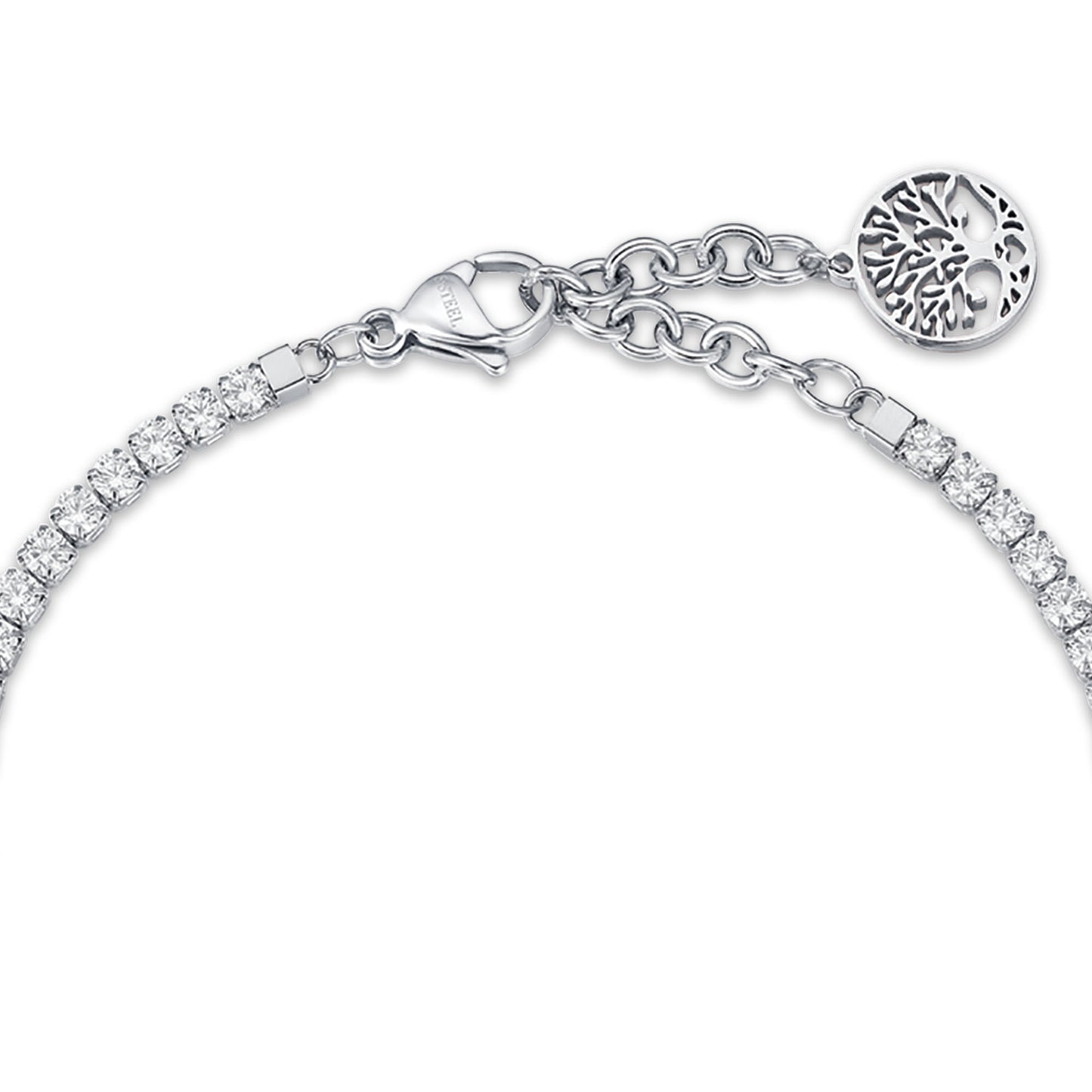 STEEL BRACELET WITH TREE OF LIFE AND WHITE CRYSTALS