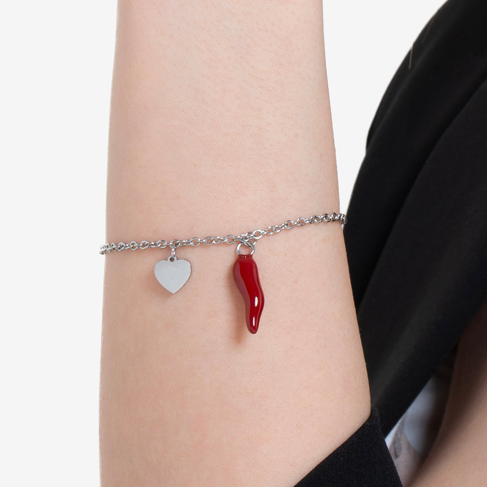 WOMEN'S STEEL BRACELET WITH HEART AND RED HORN