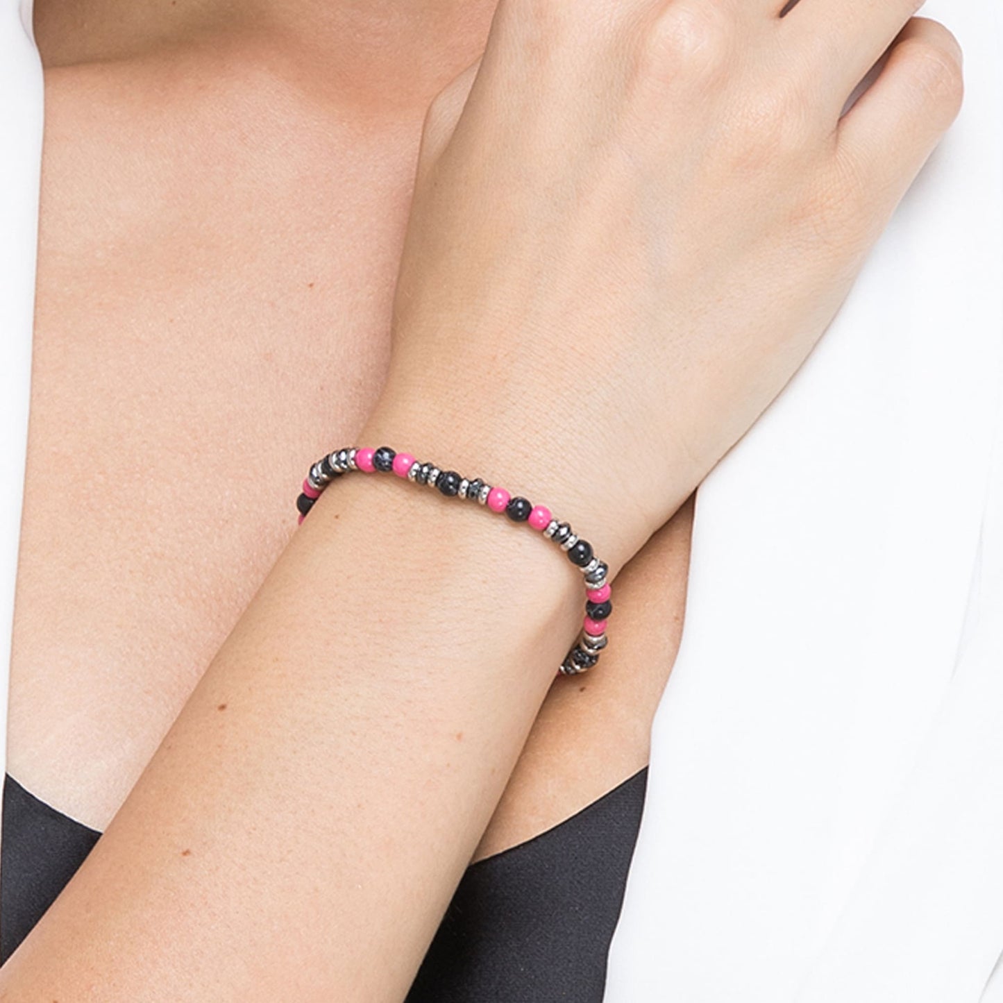 STEEL BRACELET WITH PINK AND BLACK STONES