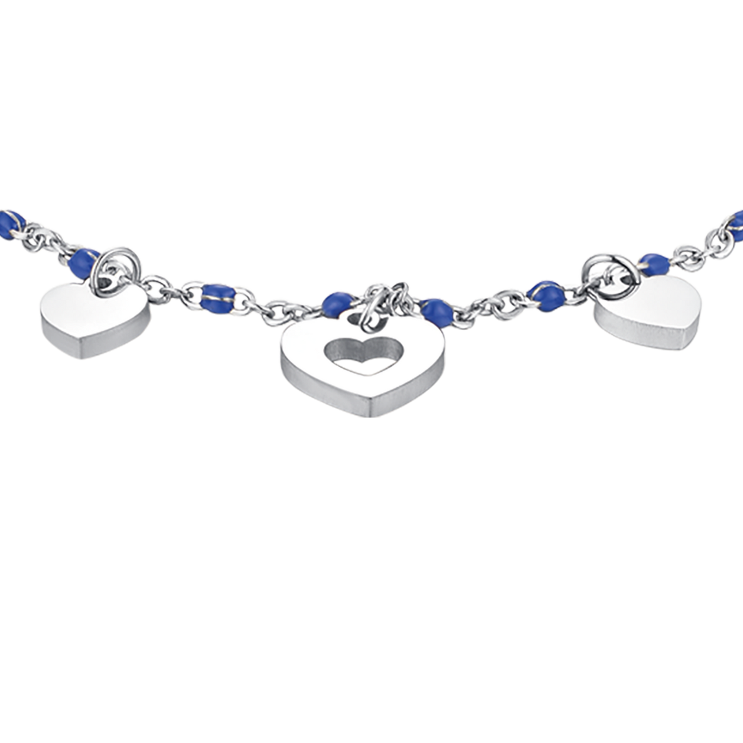 STEEL BRACELET WITH HEARTS AND BLUE STONES